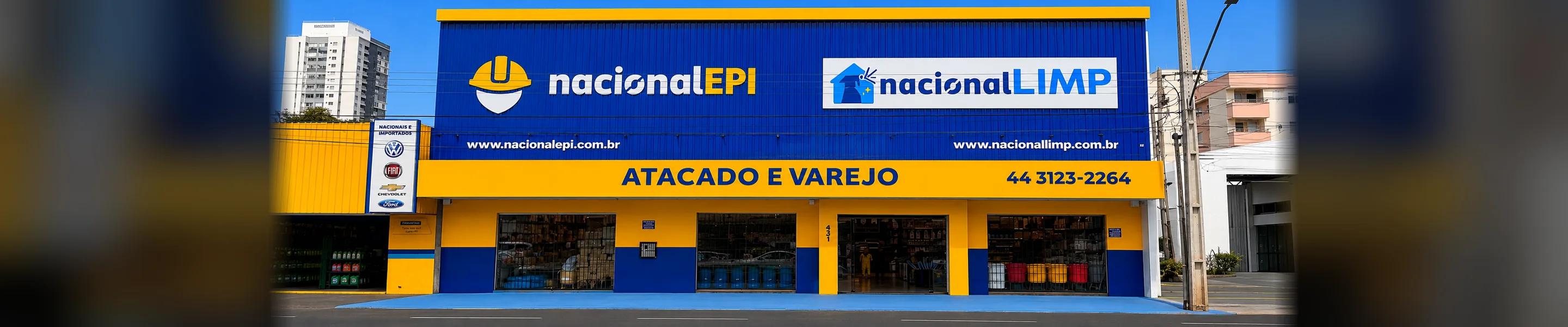 Fachada da Loja 03 da Nacional EPI na Av. Colombo, em Maringá, dividida com a Nacional Limp