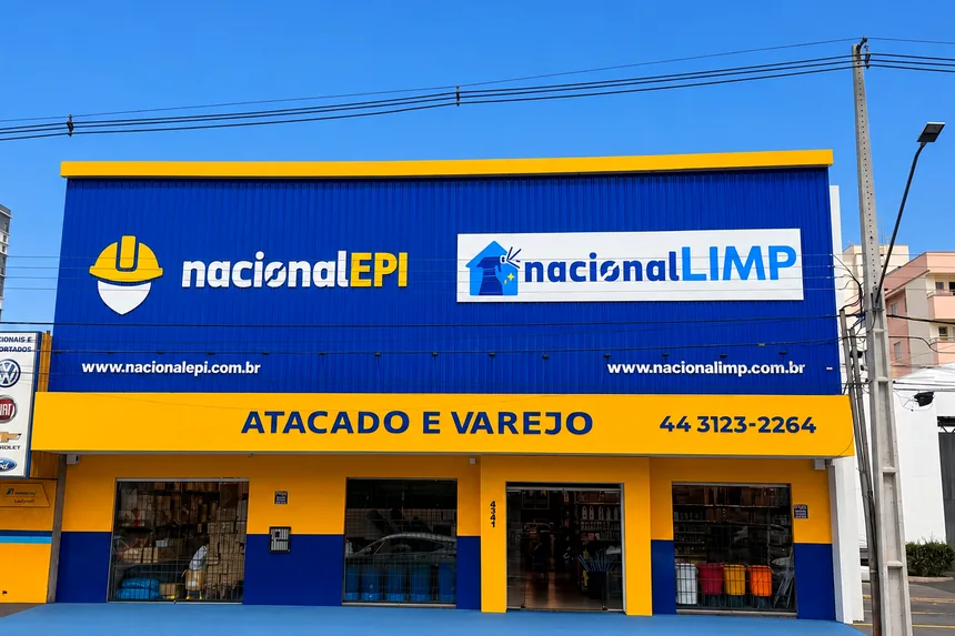 Fachada da Loja 03 da Nacional EPI na Av. Colombo, Maringá, dividida com a Nacional Limp
